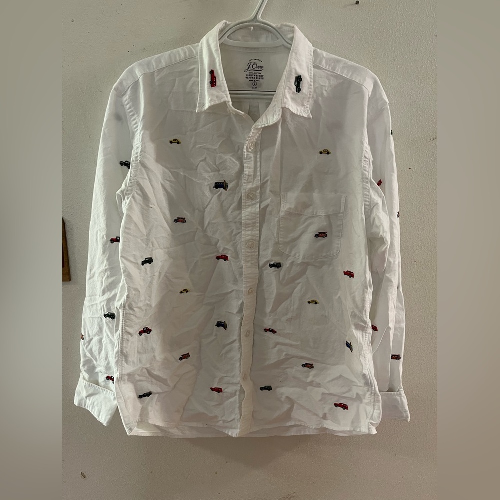 Men’s J. Crew 100% cotton dress shirt, long sleeve, car design. Size Large slim